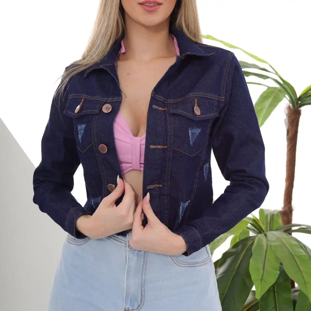 Jaqueta Jeans Cropped Feminina Azul Escuro