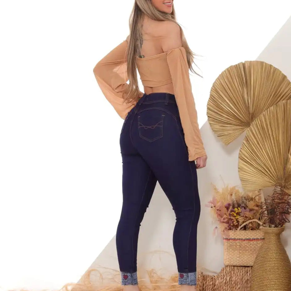 Calça Jeans Feminina Skinny Barra Dobrada Estampada