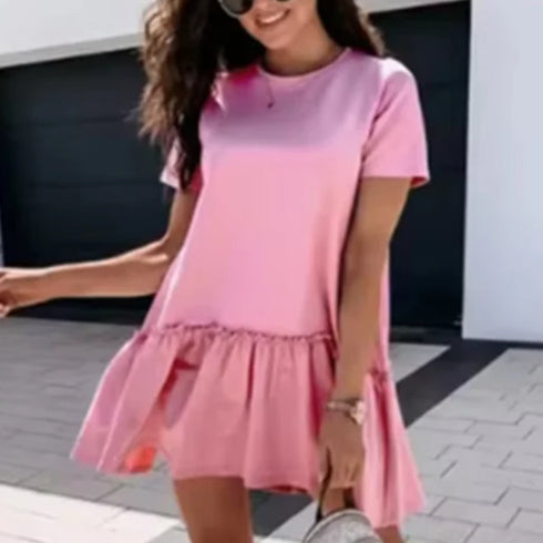 Vestido feminino casual plissado decote redondo