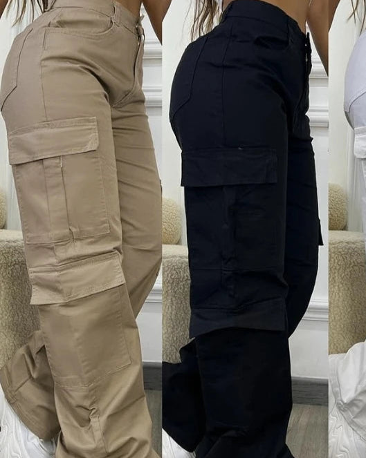 Calça feminina cintura alta design de bolso