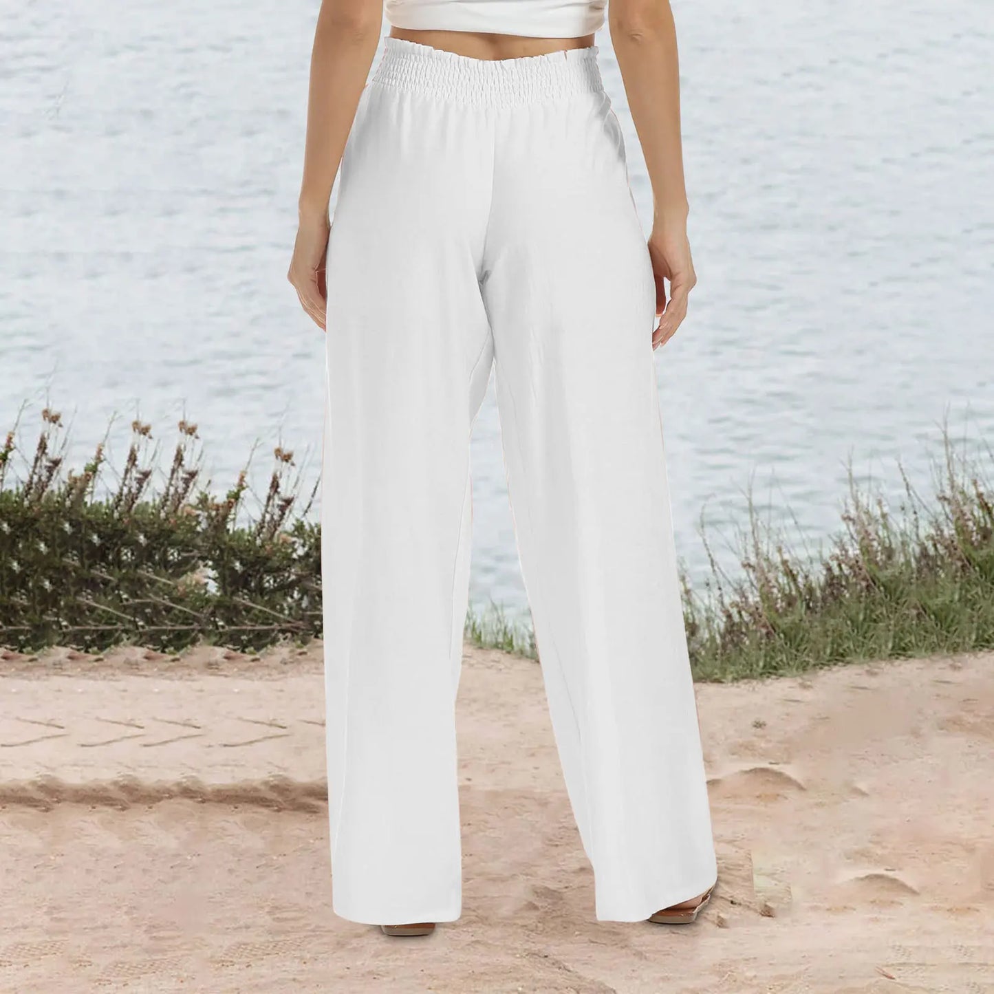 Calça feminina de linho com perna larga