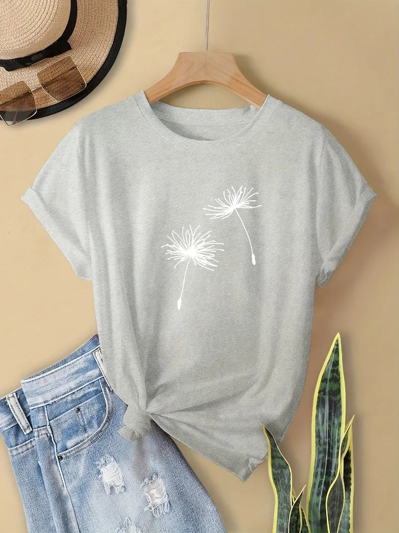 Camiseta feminina primavera com estampa dente-de-leão