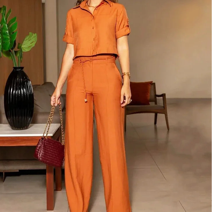 Conjunto feminino manga curta perna larga