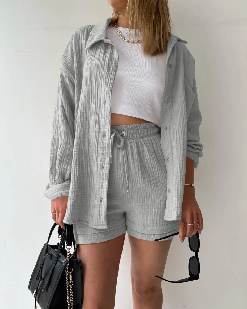 Conjunto curto feminino 2 peças, camisa solta e shorts largo com cintura elástica
