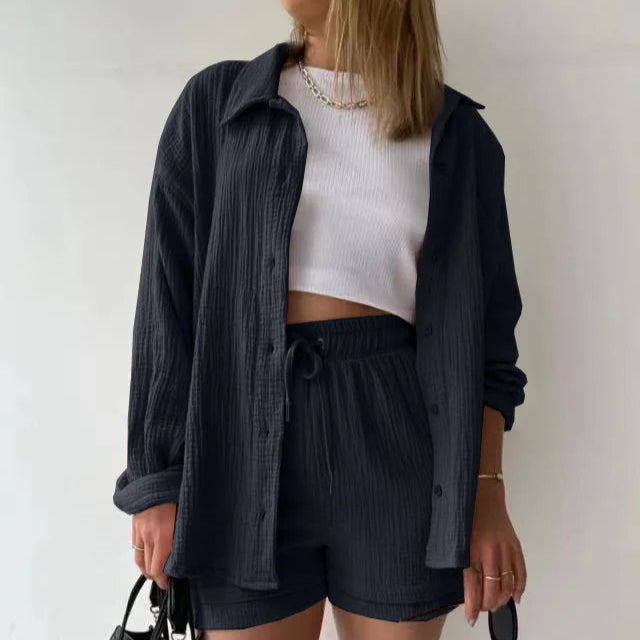 Conjunto curto feminino 2 peças, camisa solta e shorts largo com cintura elástica