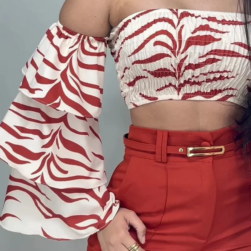 Conjunto estampado ombro de fora sem alças manga flare top solto calças retas sem cinto