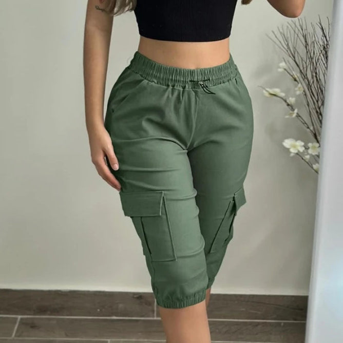 Calça moda verão bolsos design punhos e cordão