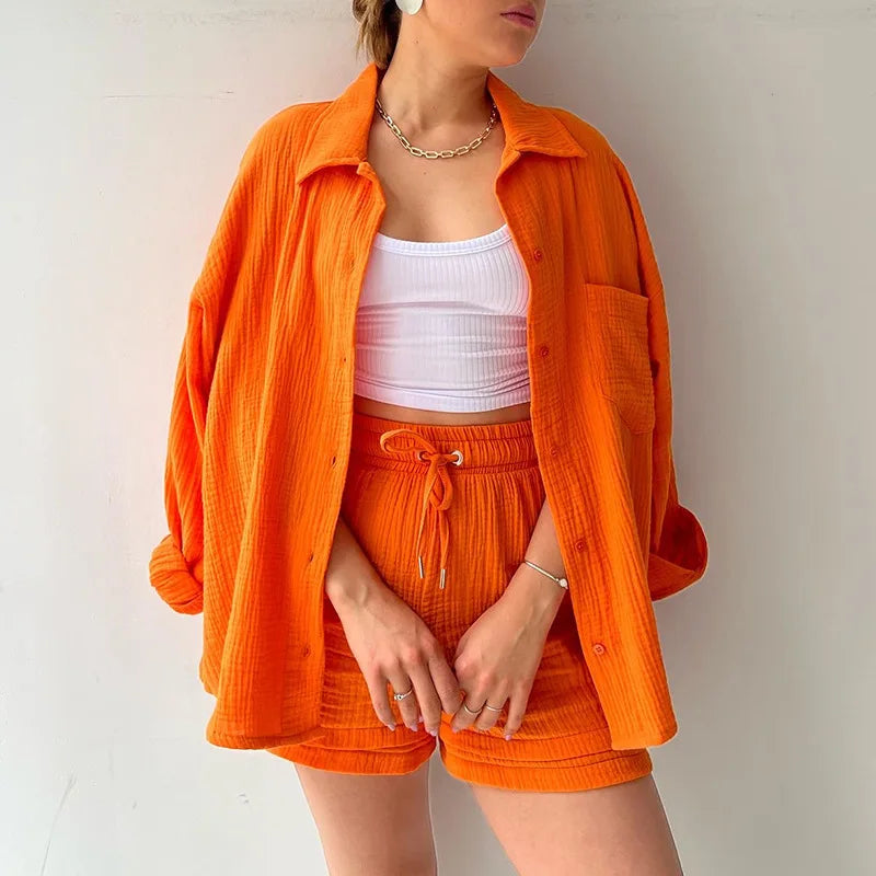 Conjunto curto feminino 2 peças, camisa solta e shorts largo com cintura elástica