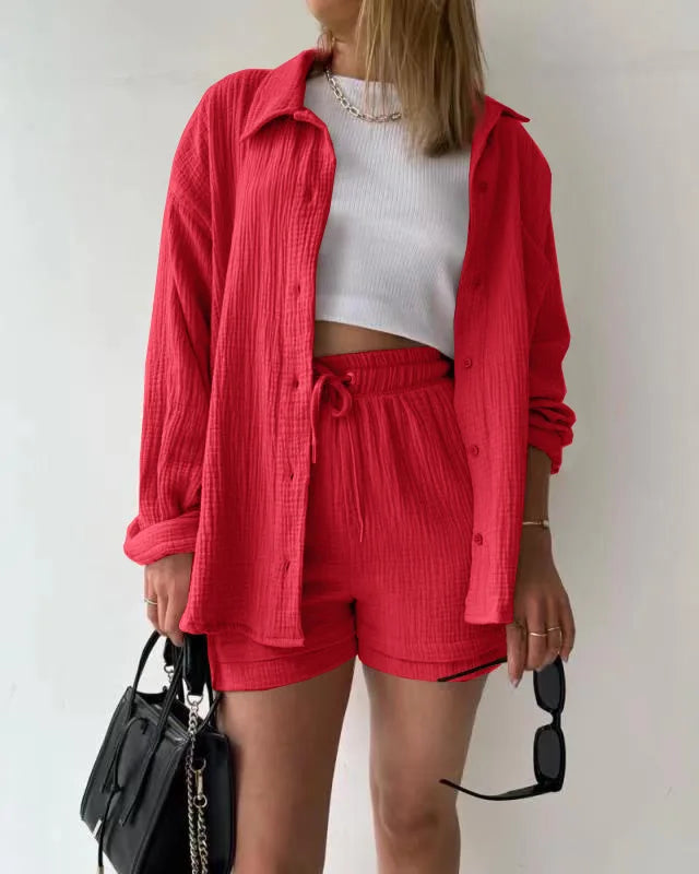 Conjunto curto feminino 2 peças, camisa solta e shorts largo com cintura elástica
