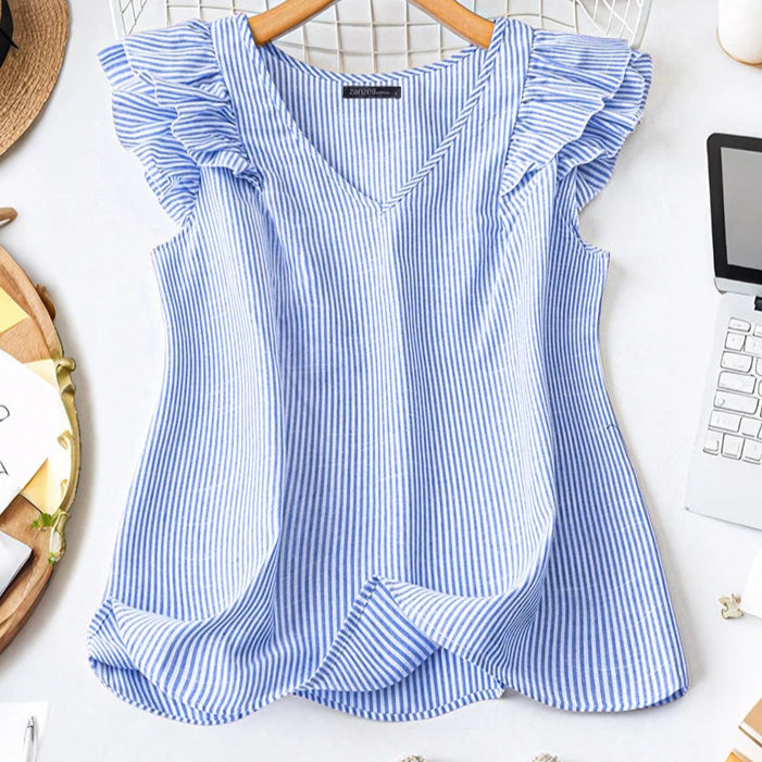 Blusa listrada de verão elegante com decote em V