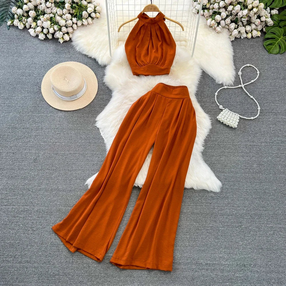 Conjunto de Verão feminino Alças curtas tops + calças de cintura Alta