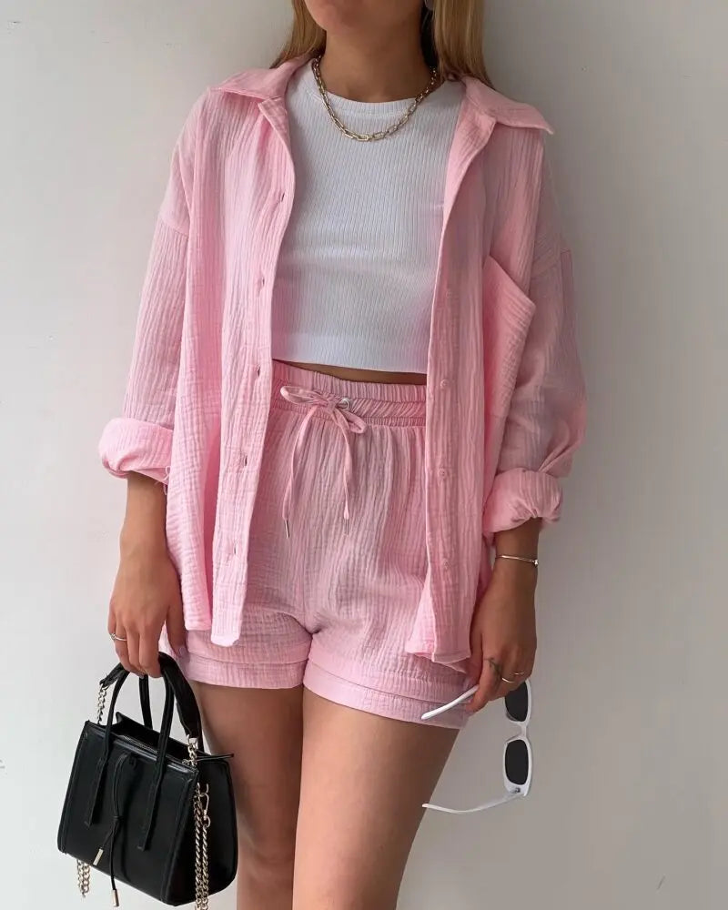 Conjunto curto feminino 2 peças, camisa solta e shorts largo com cintura elástica