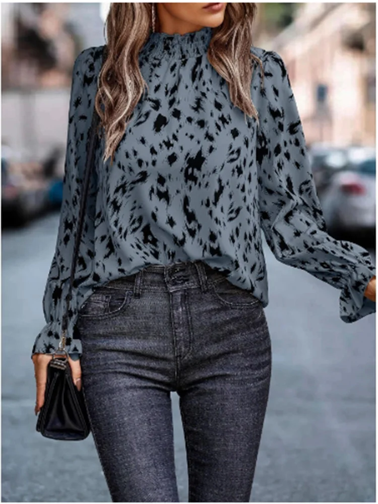Camisa feminina de gola alta folhas de lótus