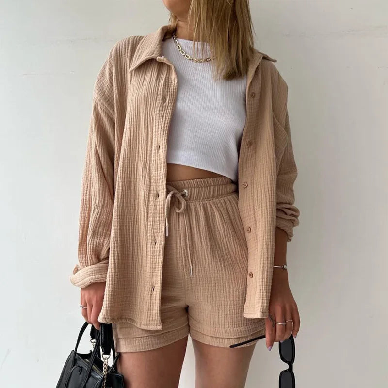 Conjunto curto feminino 2 peças, camisa solta e shorts largo com cintura elástica