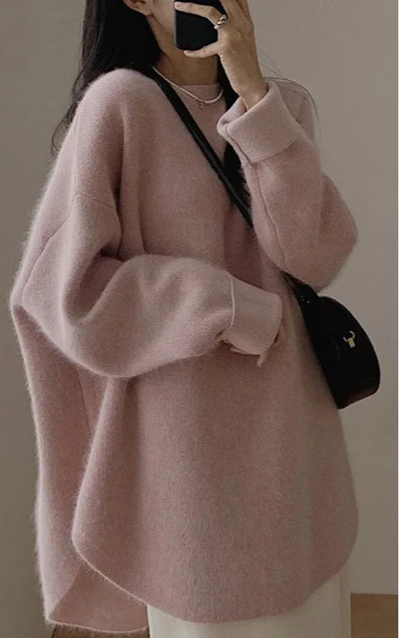 Blusa solta com gola redonda grossa e manga comprida, outono inverno