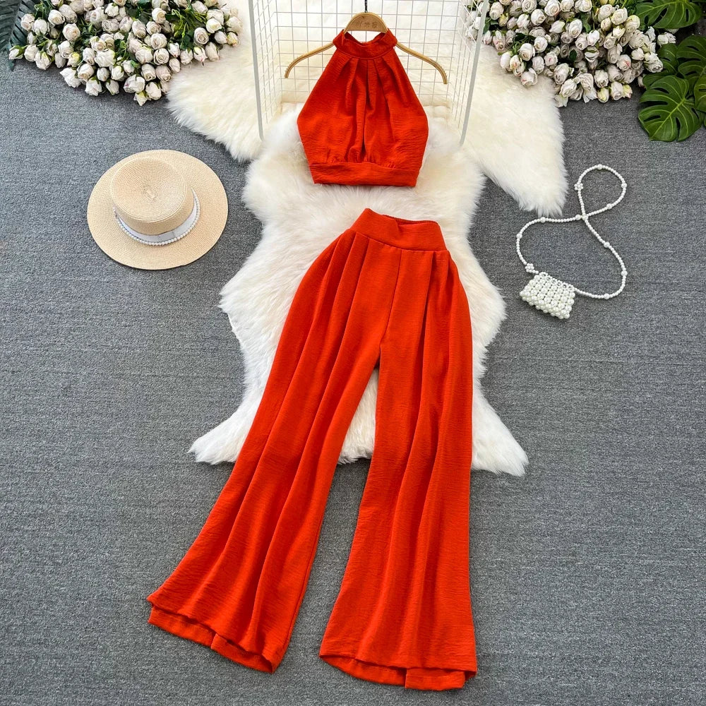 Conjunto de Verão feminino Alças curtas tops + calças de cintura Alta