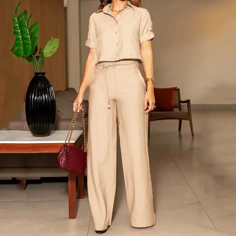 Conjunto feminino manga curta perna larga
