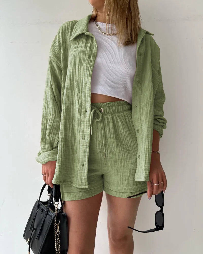 Conjunto curto feminino 2 peças, camisa solta e shorts largo com cintura elástica