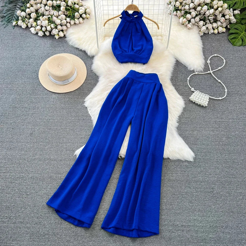 Conjunto de Verão feminino Alças curtas tops + calças de cintura Alta
