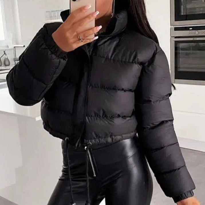 Jaqueta curta feminina colchoada de algodão liso outono inverno