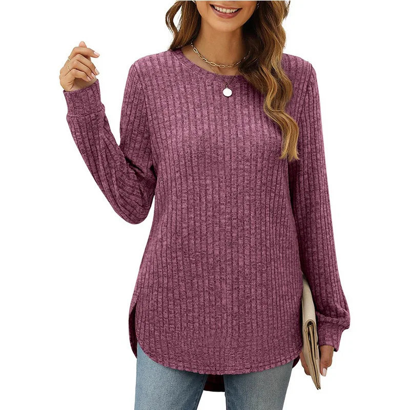 Blusa feminina com decote redondo e manga comprida