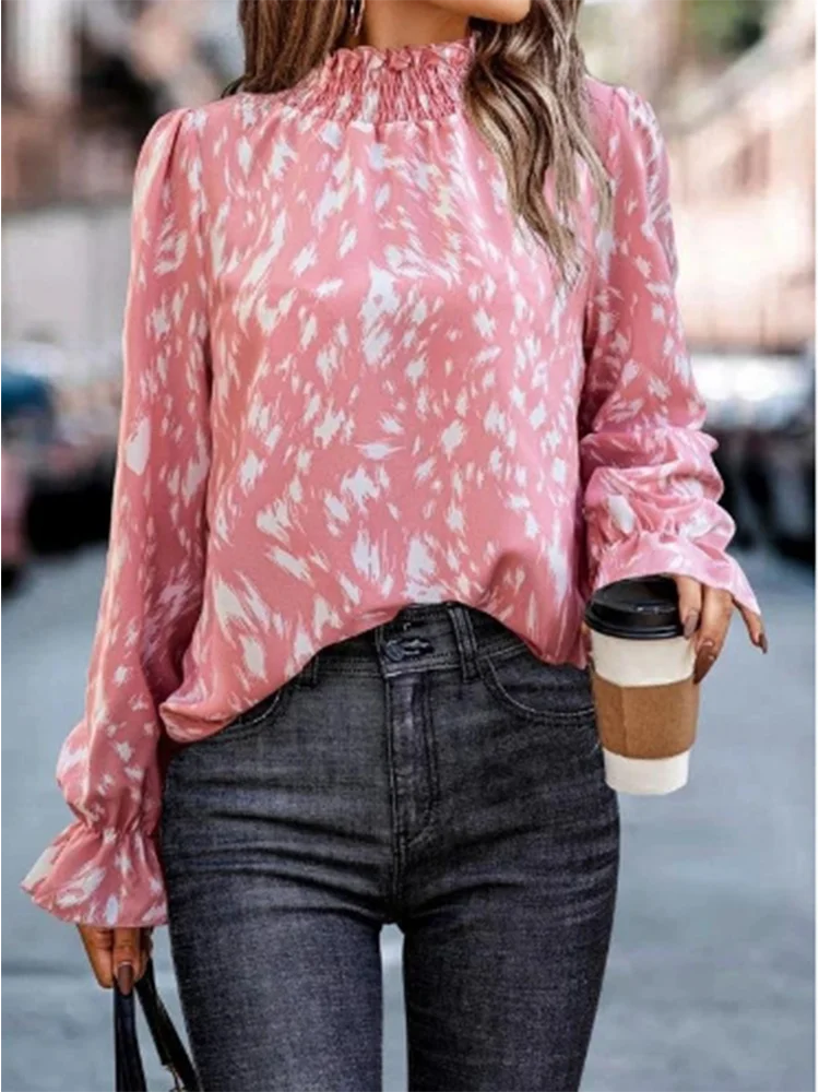 Camisa feminina de gola alta folhas de lótus