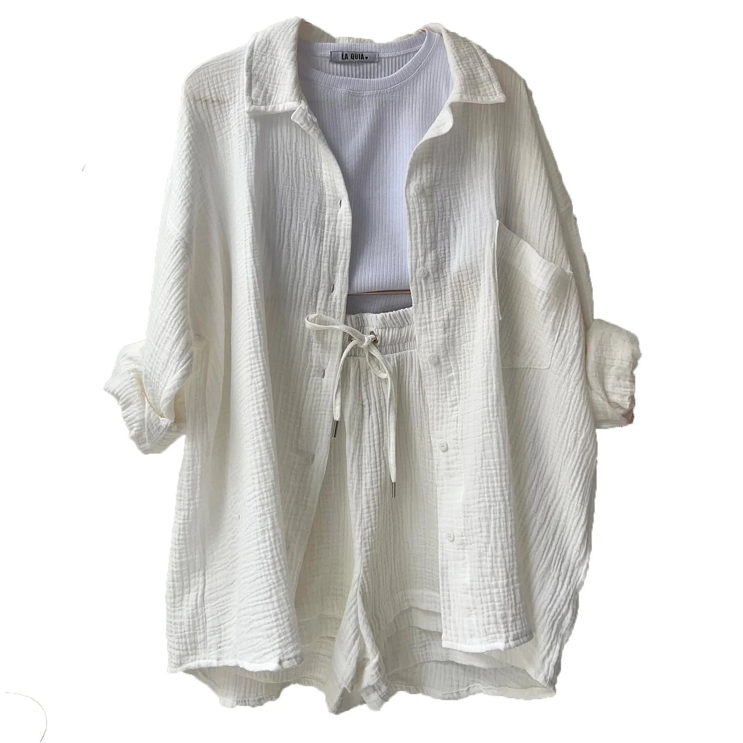 Conjunto curto feminino 2 peças, camisa solta e shorts largo com cintura elástica