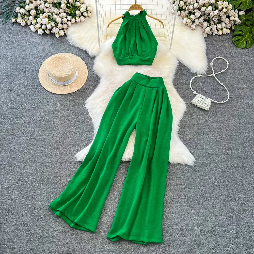 Conjunto de Verão feminino Alças curtas tops + calças de cintura Alta