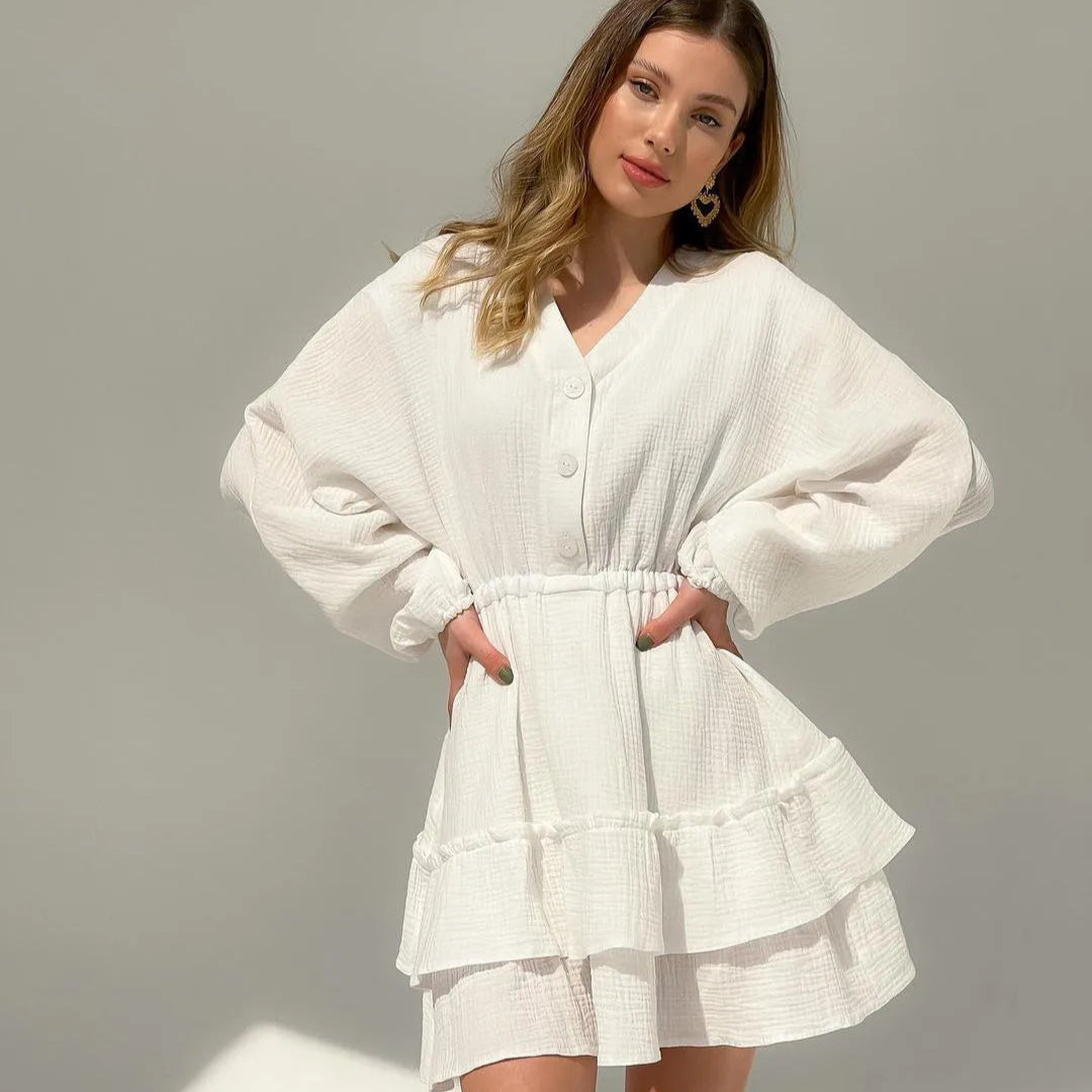 Vestido curto de manga longa primavera decote em V