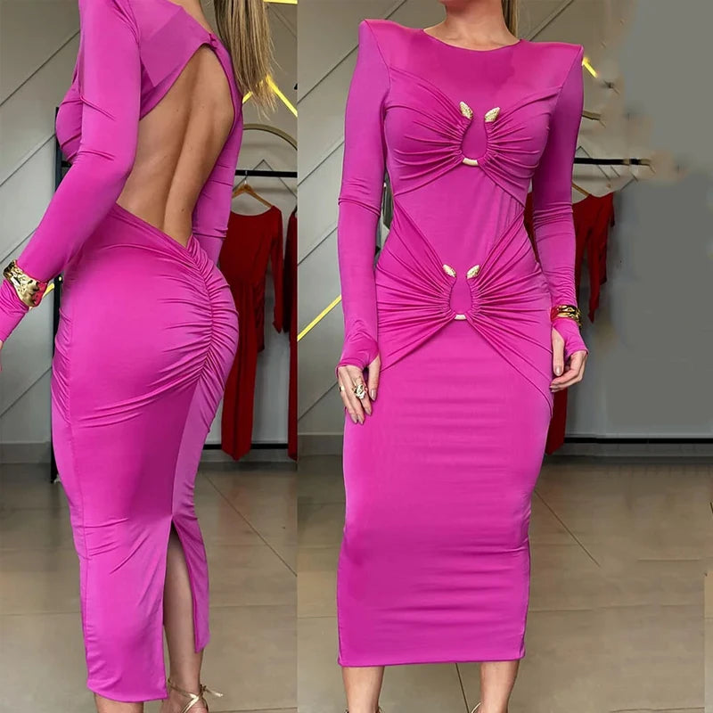 Vestido longo feminino gola redonda cintura marcada