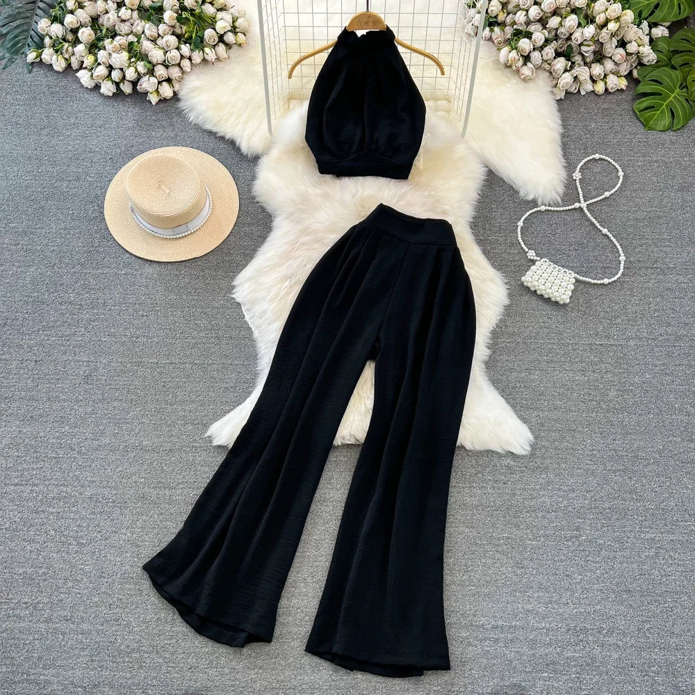Conjunto de Verão feminino Alças curtas tops + calças de cintura Alta