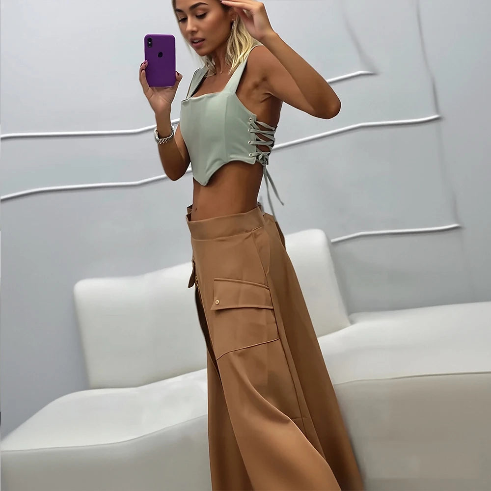 Conjunto de top com cordão + saia longa