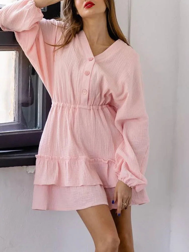 Vestido curto de manga longa primavera decote em V