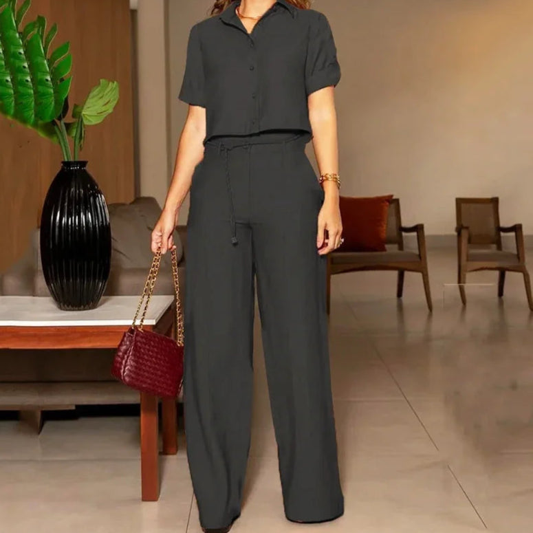 Conjunto feminino manga curta perna larga