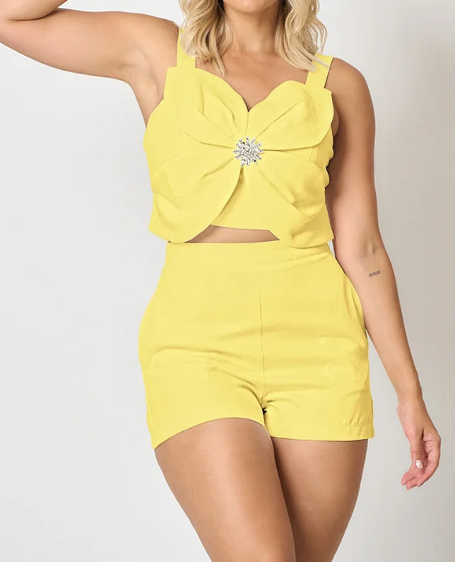 Conjunto de verão feminino de 2 peças com alça larga floral 3D