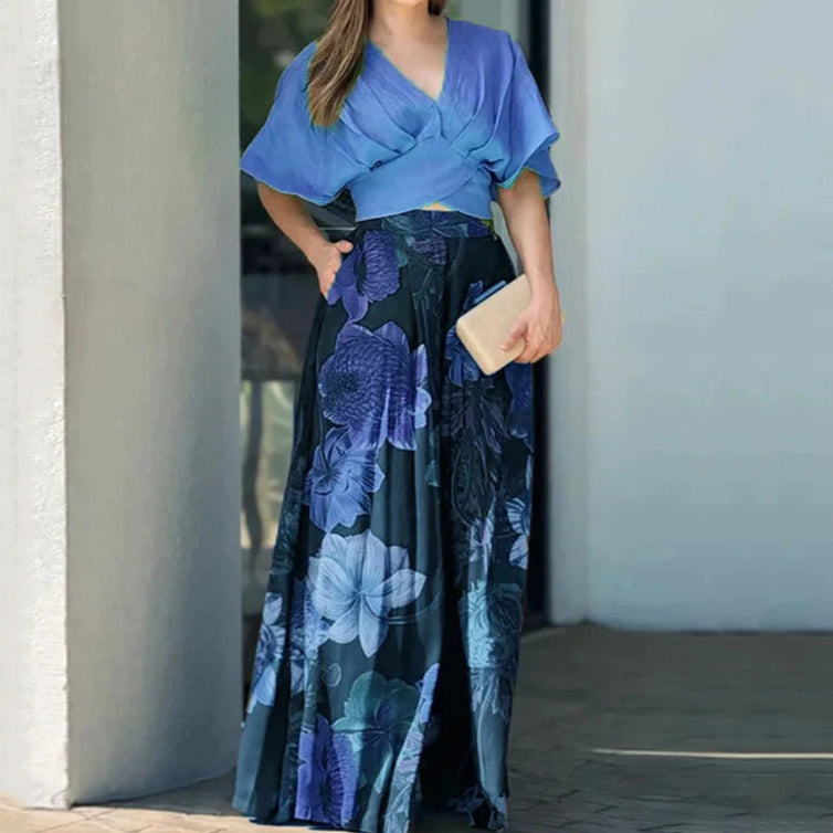 Conjunto Feminino decote em V blusa solta estampada e calça pernas largas