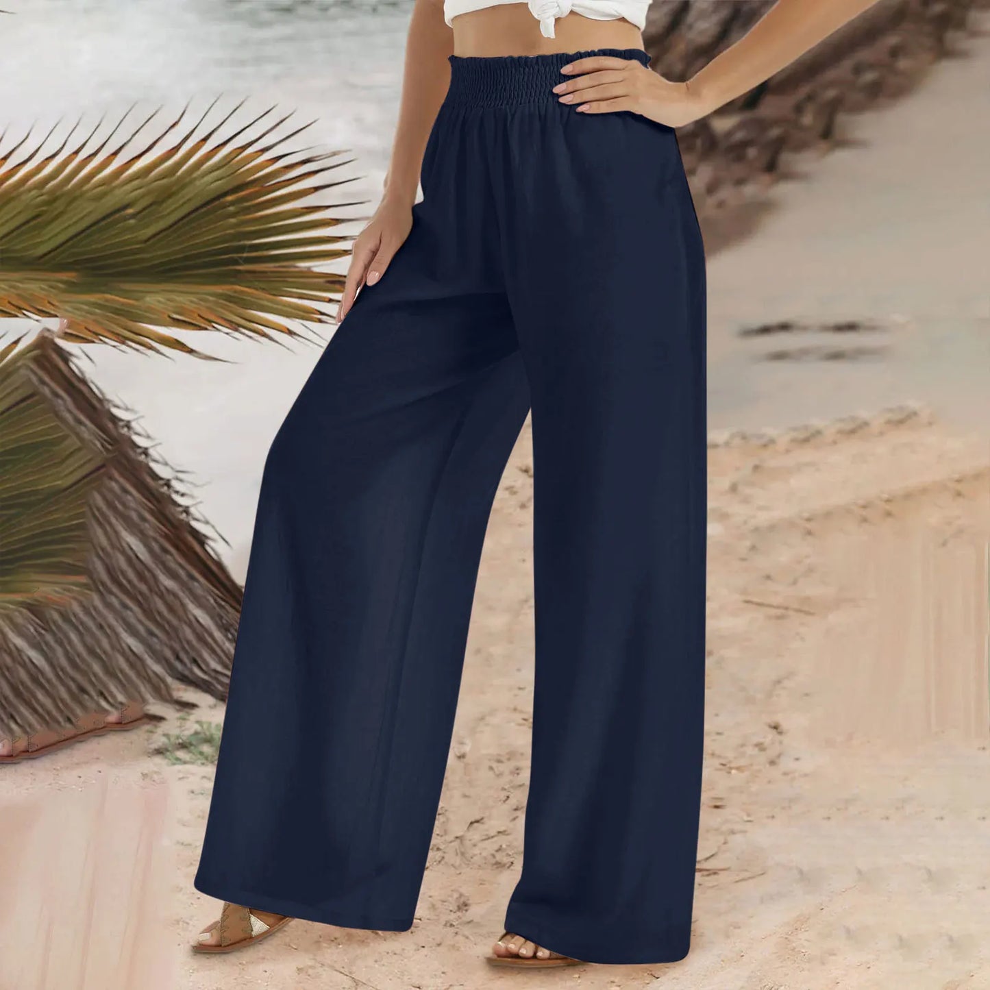 Calça feminina de linho com perna larga