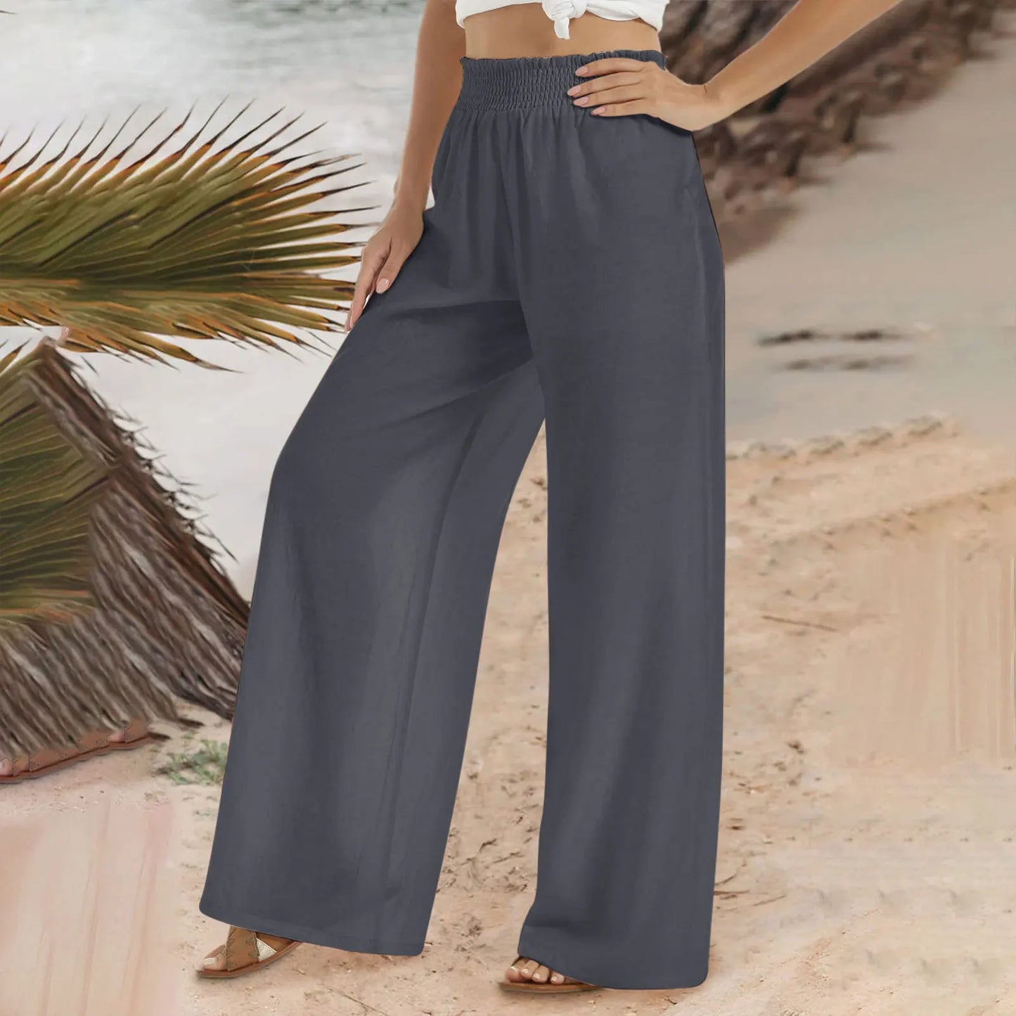Calça feminina de linho com perna larga
