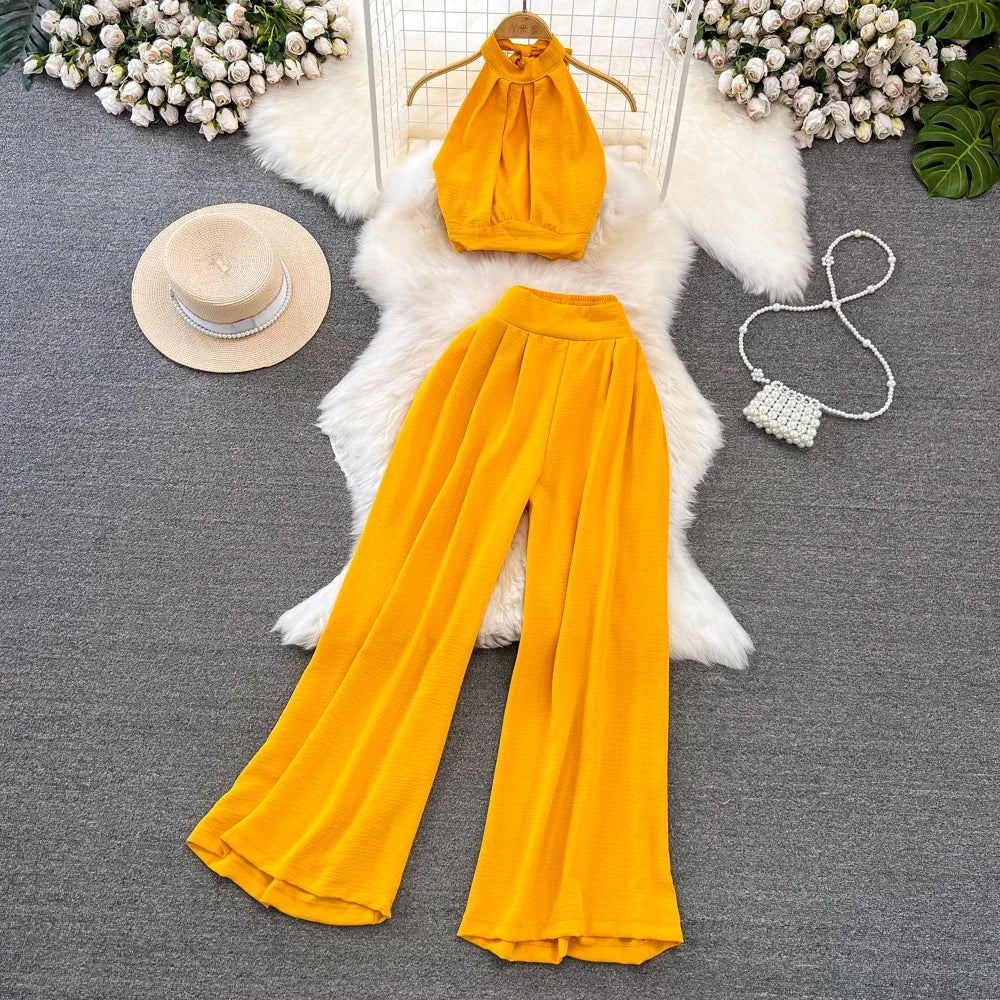 Conjunto de Verão feminino Alças curtas tops + calças de cintura Alta