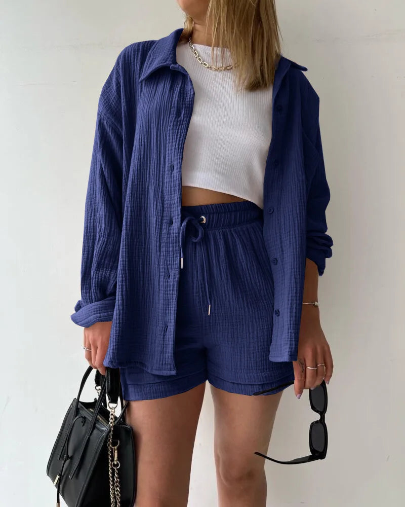 Conjunto curto feminino 2 peças, camisa solta e shorts largo com cintura elástica