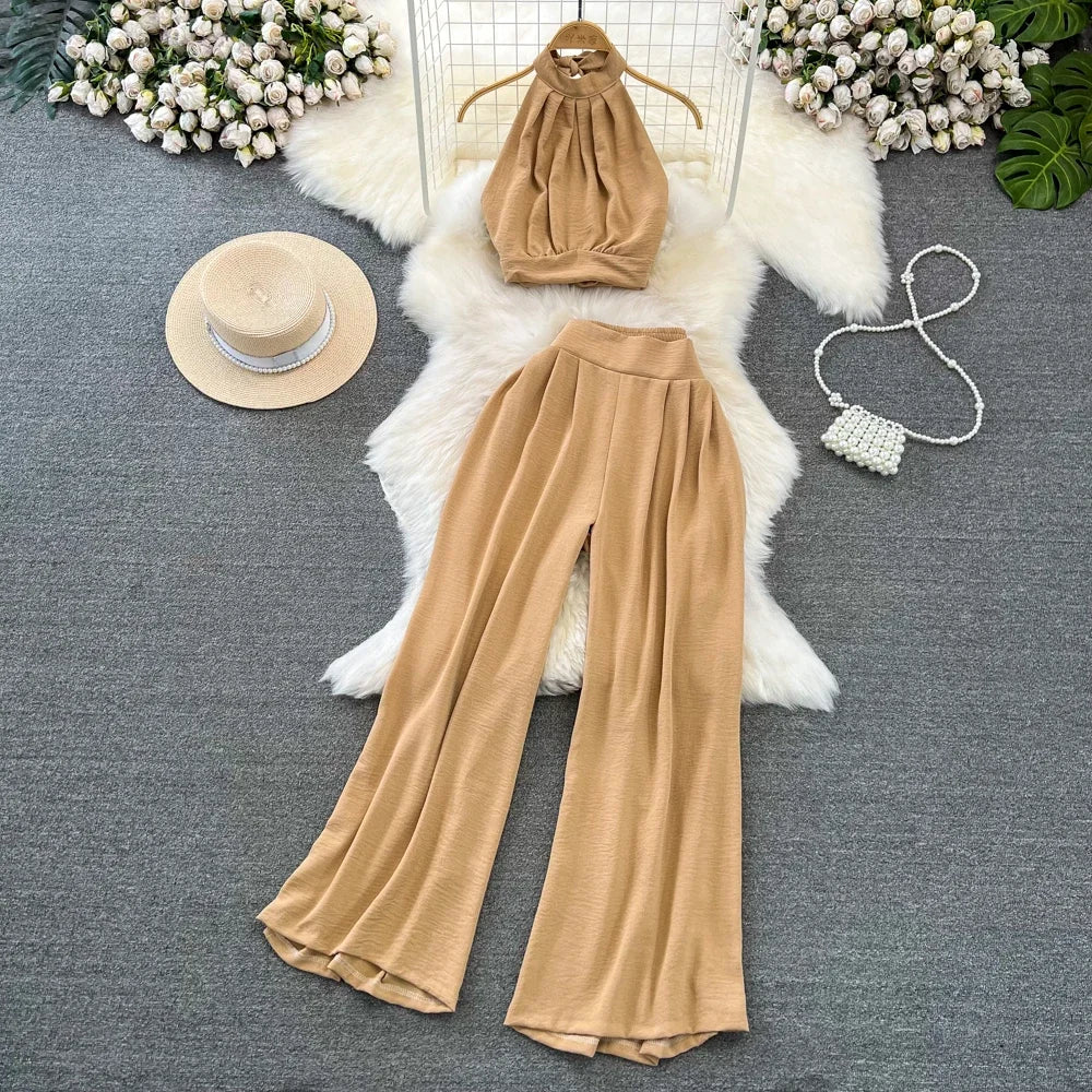 Conjunto de Verão feminino Alças curtas tops + calças de cintura Alta
