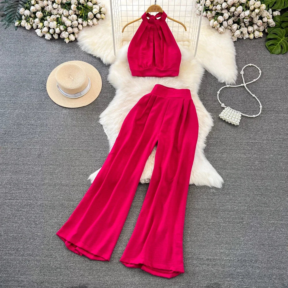 Conjunto de Verão feminino Alças curtas tops + calças de cintura Alta