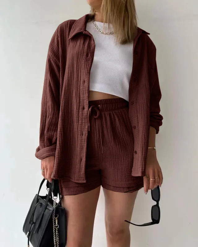 Conjunto curto feminino 2 peças, camisa solta e shorts largo com cintura elástica