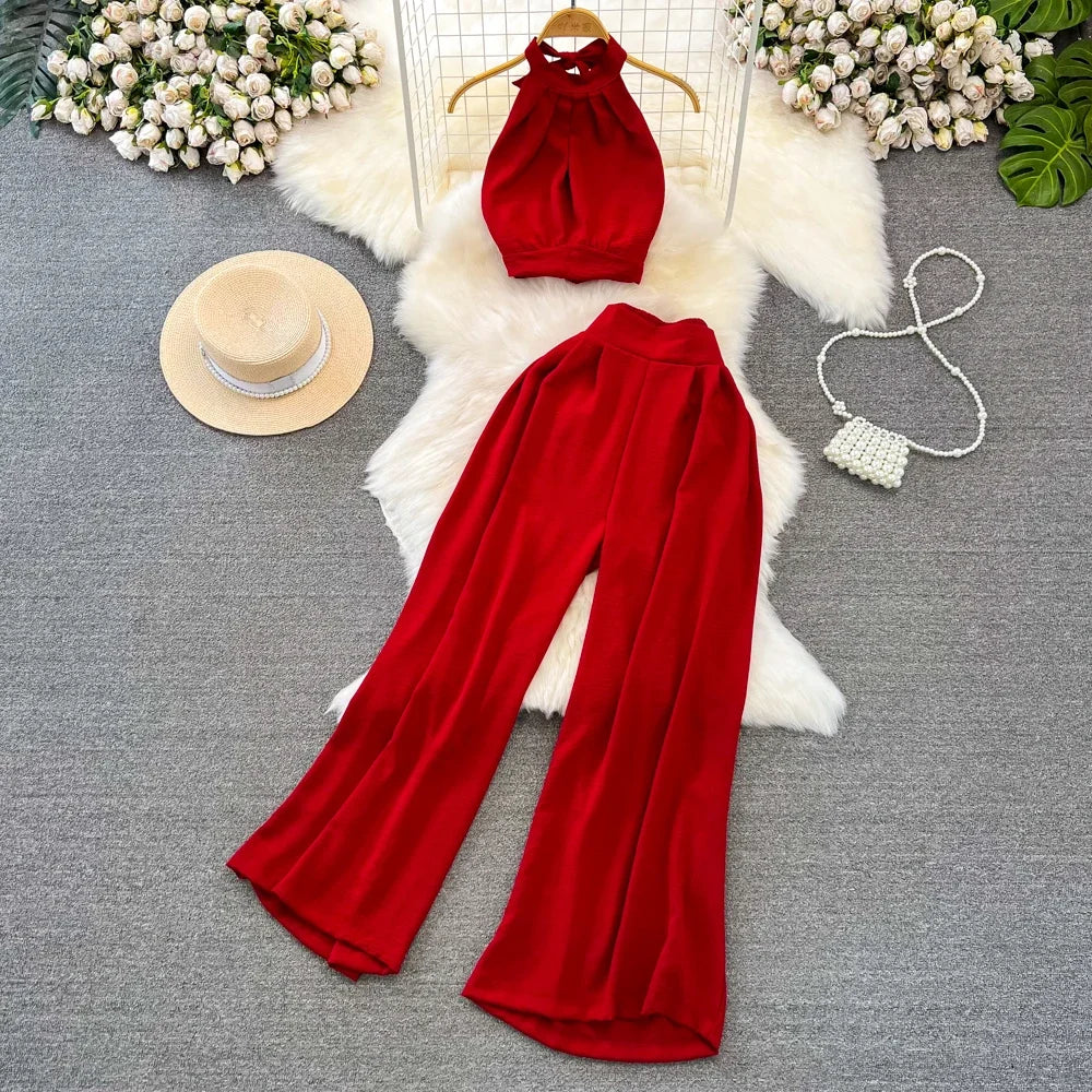 Conjunto de Verão feminino Alças curtas tops + calças de cintura Alta