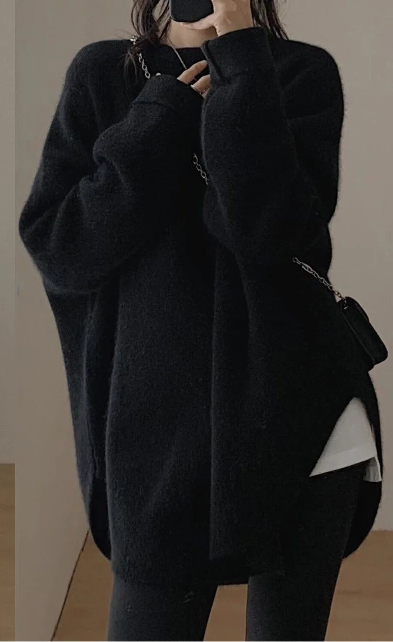 Blusa solta com gola redonda grossa e manga comprida, outono inverno