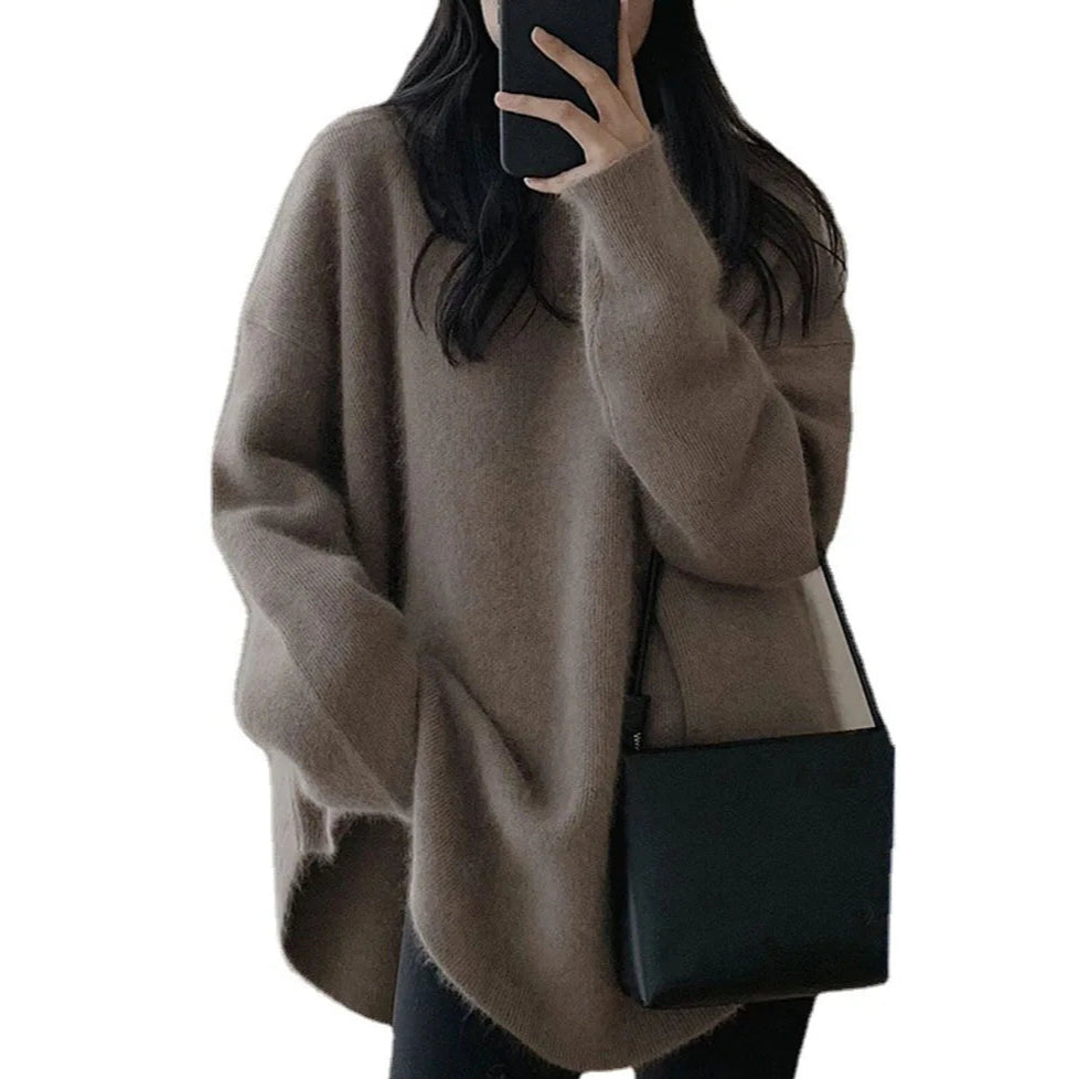 Blusa solta com gola redonda grossa e manga comprida, outono inverno