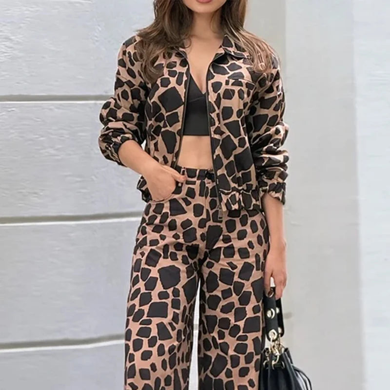 Conjunto feminino casual manga comprida lapela com zíper