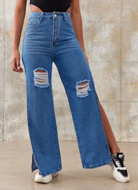 Calça jeans feminina primavera moda fenda lateral casual cintura alta