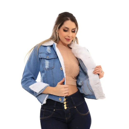 Jaqueta Jeans Cropeed Com Pelinhos