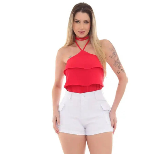 Shorts cargo feminino cintura alta sarja branco